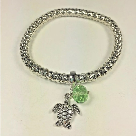Silver Sea Turtle and Green Ball Charm Bracelet - Picture 1 of 3